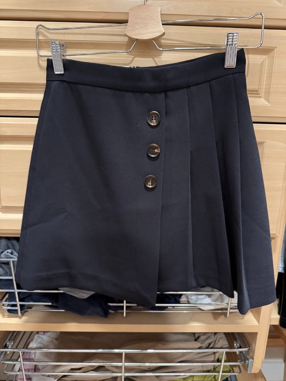 Black Pleated Mini Skirt with Button Front — Size S